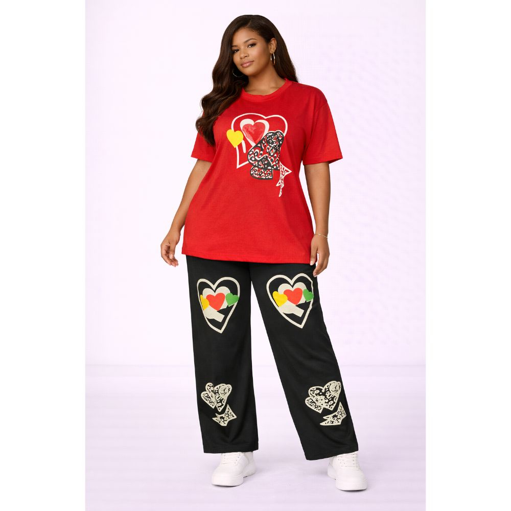 Red Graphic T Shirt & Printed Black Pants Set